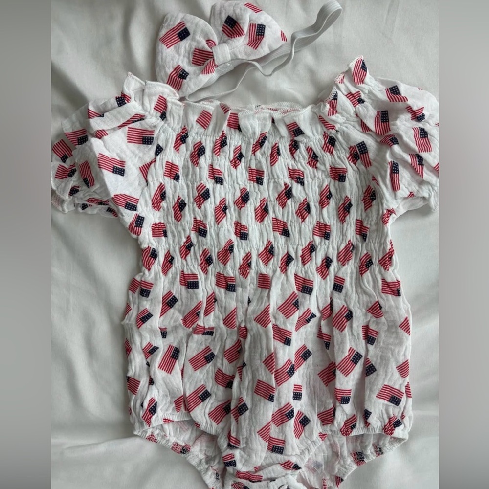 Baby Girls White Off-Shoulder Romper with Red & Blue Flag Print